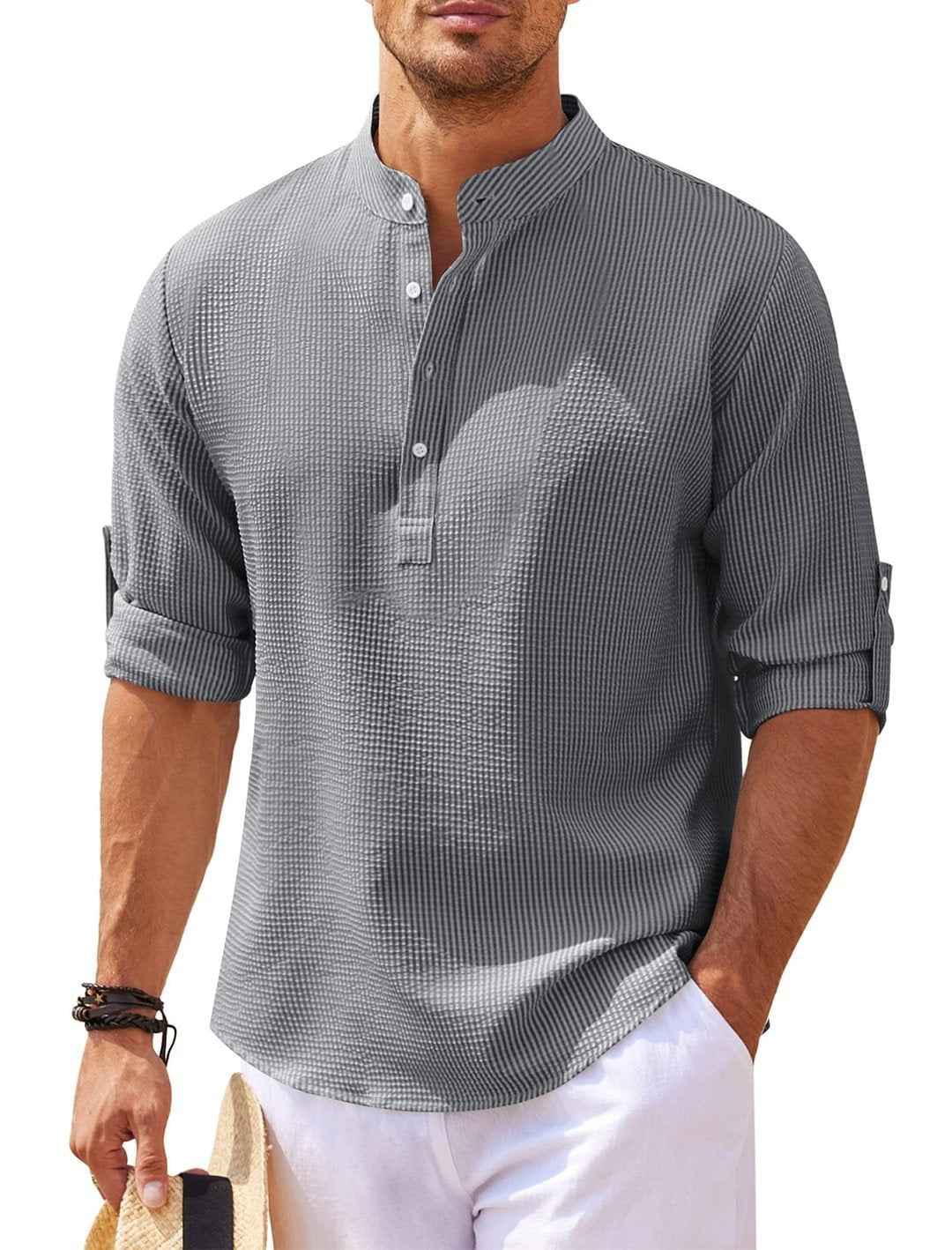 Men's Casual Shirt  Long Sleeve Stand Collar Solid Color Shirt Mens Clothing - Luxovo.cc
