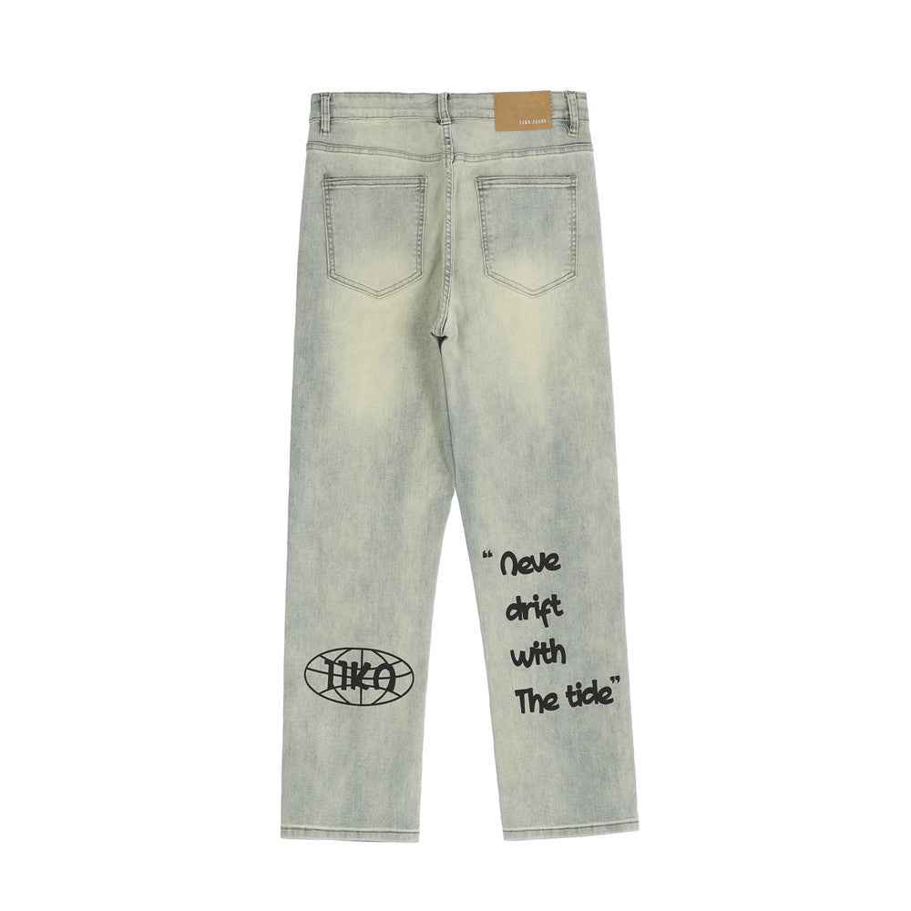 Printed Washed Worn Jeans Men
