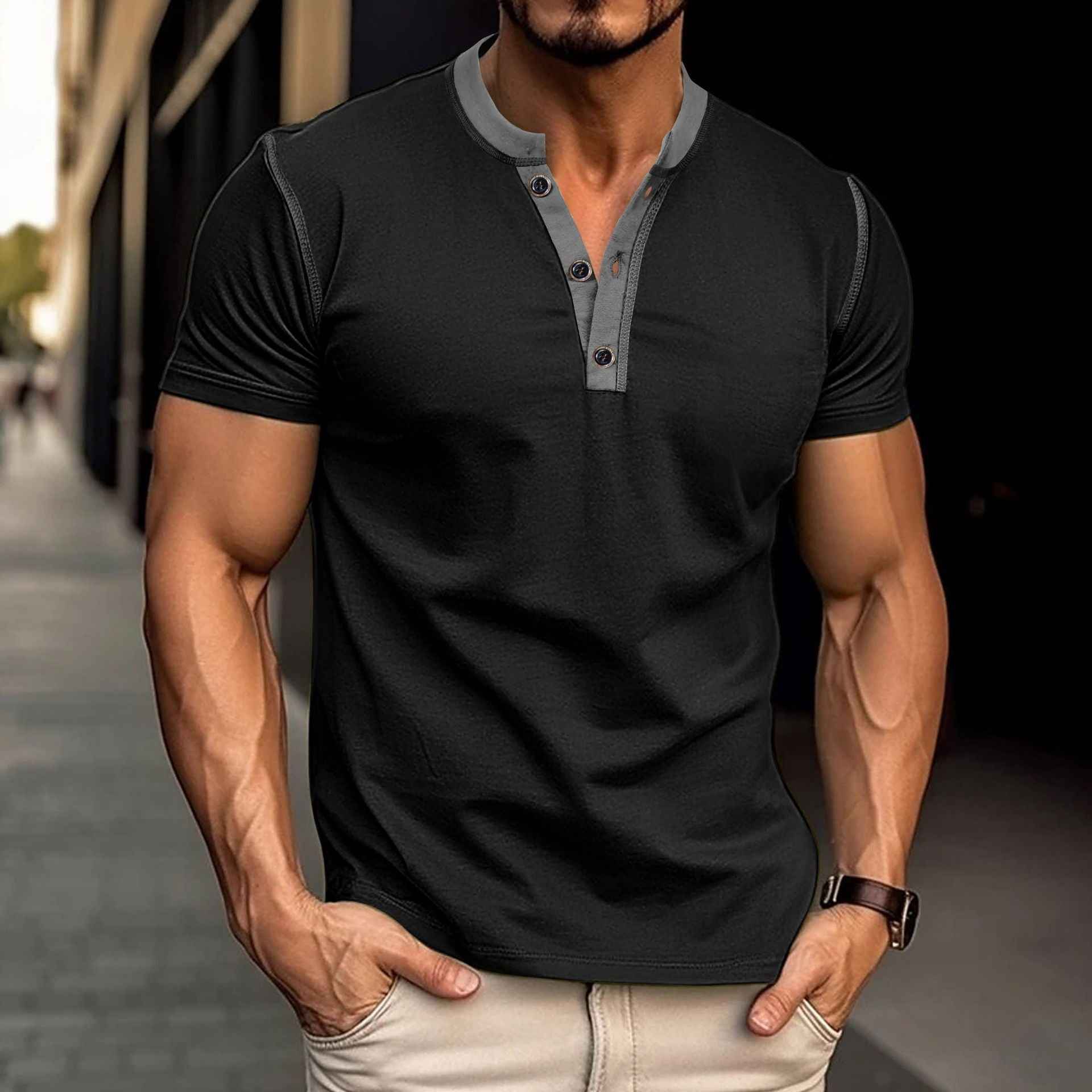 Fashion Short-sleeved Polo Shirt Summer Button V-neck T-shirt Tops Mens Clothing - Luxovo.cc