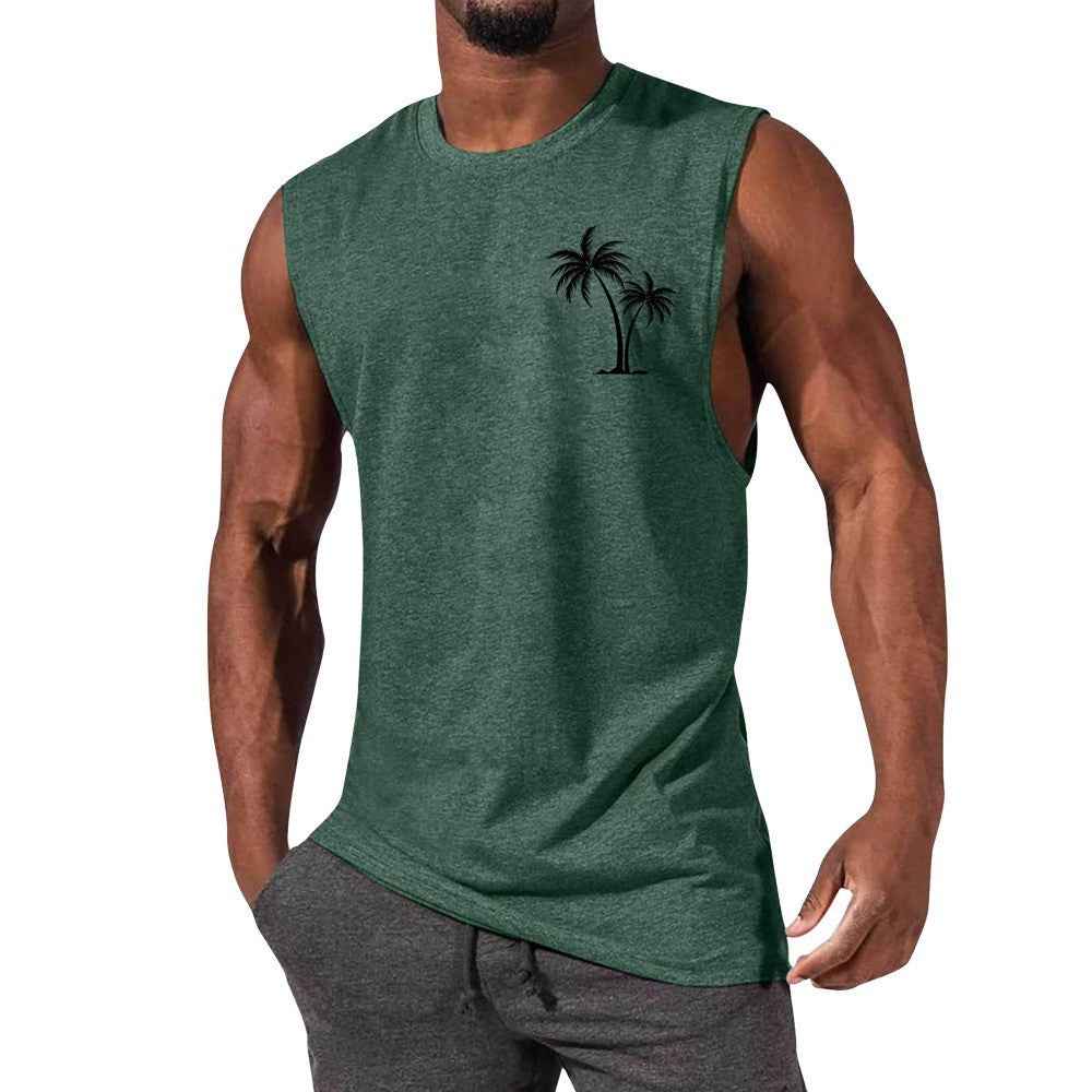 Coconut Tree Embroidery Vest Summer Beach Tank Tops Workout Muscle Men Sports Fitness T-shirt - Luxovo.cc