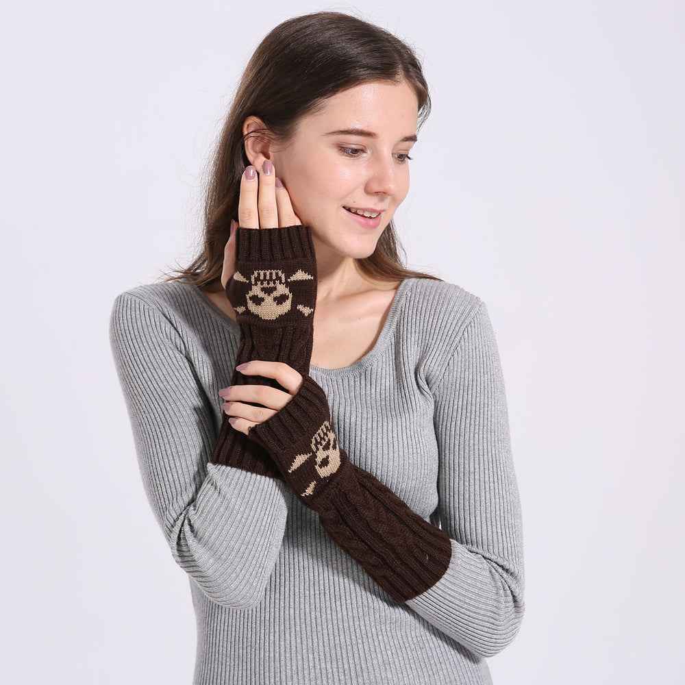 Warm Twisted Skull Knit Short Gloves With Wool - Luxovo.cc