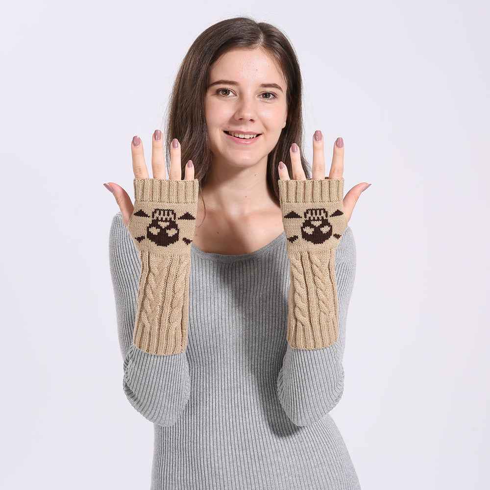 Warm Twisted Skull Knit Short Gloves With Wool - Luxovo.cc