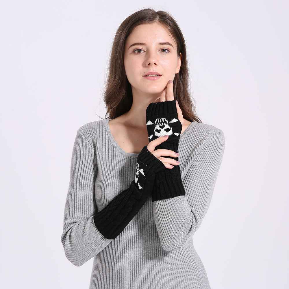 Warm Twisted Skull Knit Short Gloves With Wool - Luxovo.cc