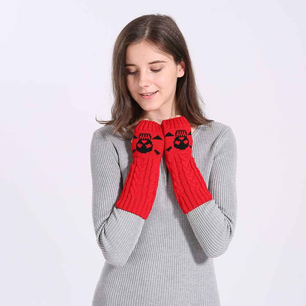 Warm Twisted Skull Knit Short Gloves With Wool - Luxovo.cc