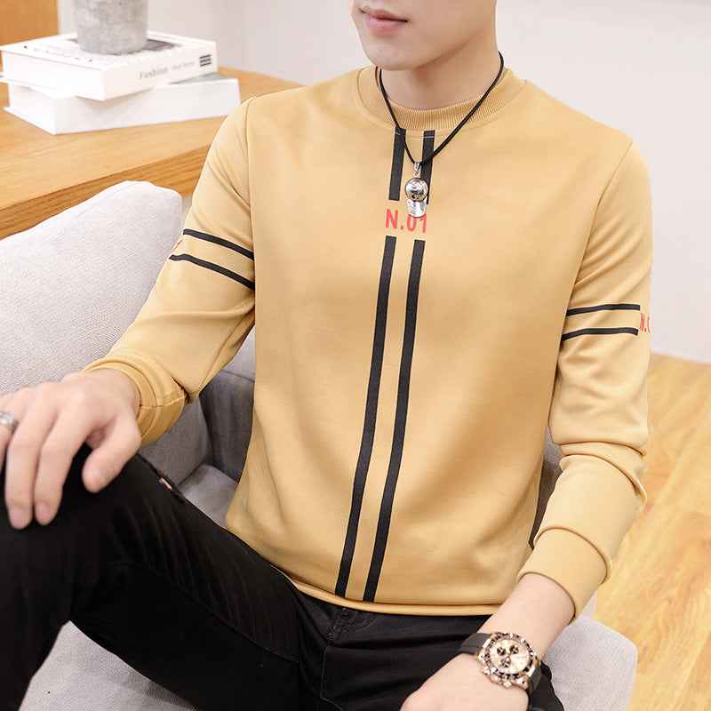 Spring and Autumn New mens printed long-sleeved T-shirt teen round neck bottom top fashion casual mens clothing - Luxovo.cc