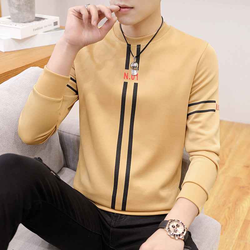Spring and Autumn New mens printed long-sleeved T-shirt teen round neck bottom top fashion casual mens clothing - Luxovo.cc
