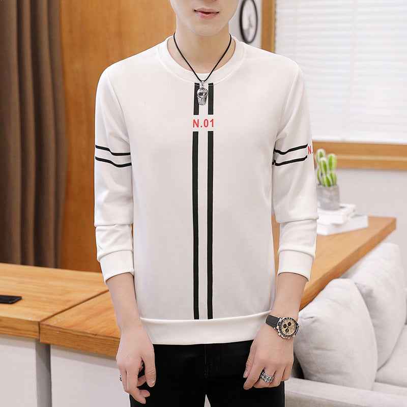 Spring and Autumn New mens printed long-sleeved T-shirt teen round neck bottom top fashion casual mens clothing - Luxovo.cc