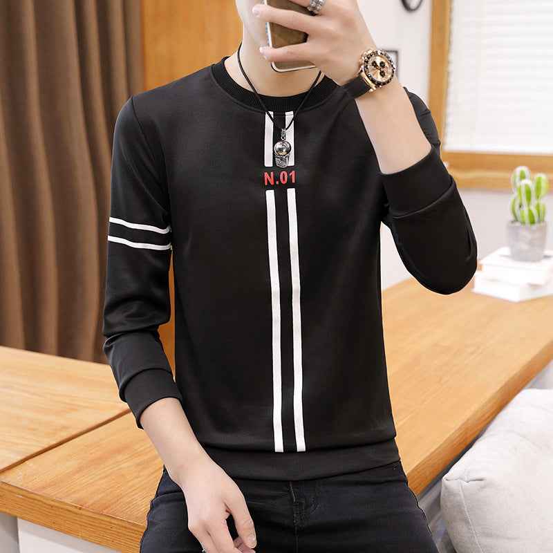 Spring and Autumn New mens printed long-sleeved T-shirt teen round neck bottom top fashion casual mens clothing - Luxovo.cc