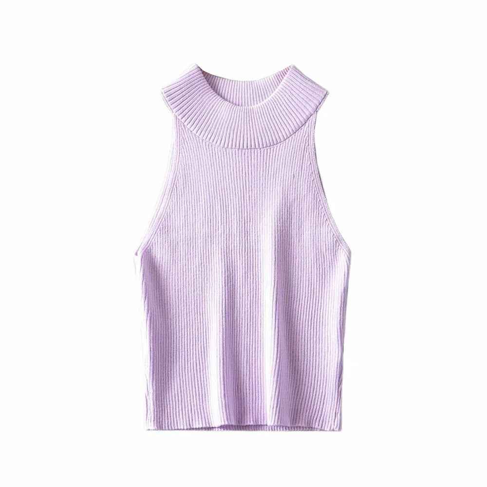 Aproms Vintage High Neck Ribbed Knitted Tank Tops Female Summer Casual White Solid Stretch Crop Top for Women Clothing - Luxovo.cc