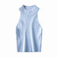 Aproms Vintage High Neck Ribbed Knitted Tank Tops Female Summer Casual White Solid Stretch Crop Top for Women Clothing - Luxovo.cc
