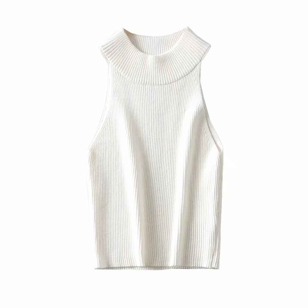 Aproms Vintage High Neck Ribbed Knitted Tank Tops Female Summer Casual White Solid Stretch Crop Top for Women Clothing - Luxovo.cc