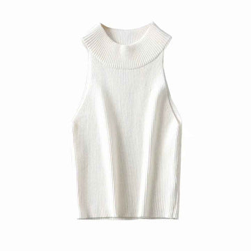 Aproms Vintage High Neck Ribbed Knitted Tank Tops Female Summer Casual White Solid Stretch Crop Top for Women Clothing - Luxovo.cc