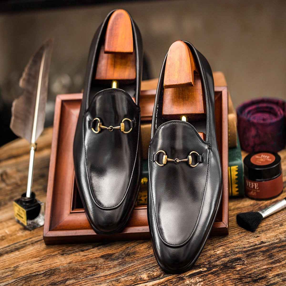 Horsebit Leather Shoes Round Toe Casual Shoes Men - Luxovo.cc
