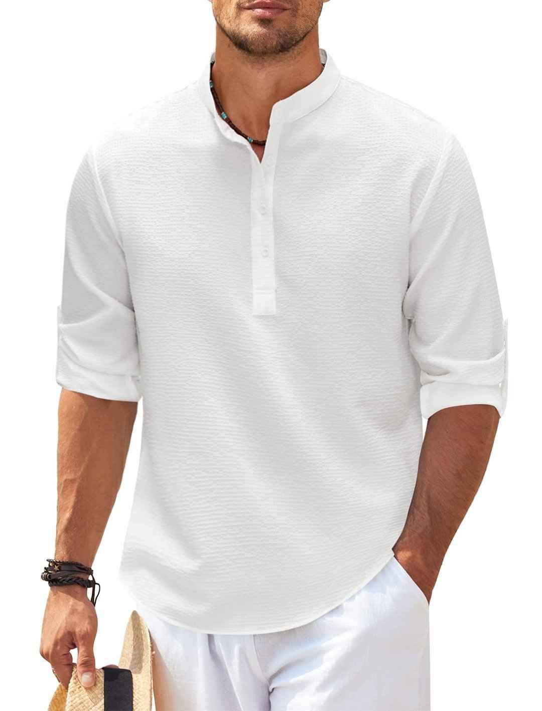Men's Casual Shirt  Long Sleeve Stand Collar Solid Color Shirt Mens Clothing - Luxovo.cc