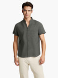Solid-color Short-sleeved Lapel Shirt Summer Breathable Cotton And Linen Top Mens Clothing - Luxovo.cc