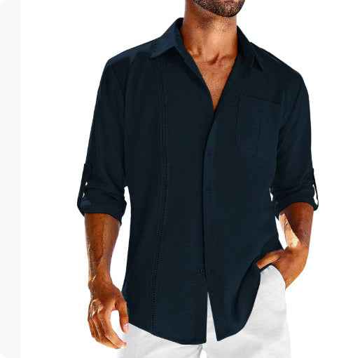 Casual  Long Sleeve Shirt With Pocket Lace Polo Collar Solid Color Button Mens Clothing - Luxovo.cc
