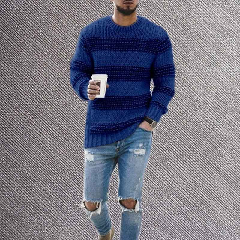 Casual Striped Knitted Sweater Men Round Neck Pullover Sweater - Luxovo.cc