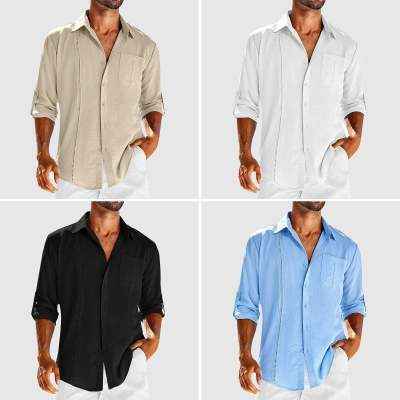 Casual  Long Sleeve Shirt With Pocket Lace Polo Collar Solid Color Button Mens Clothing - Luxovo.cc