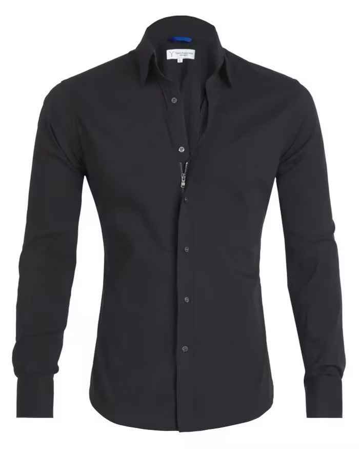 Long Sleeve Zipper Shirt With Button Design Fashion Lapel Tops For Mens Clothing - Luxovo.cc