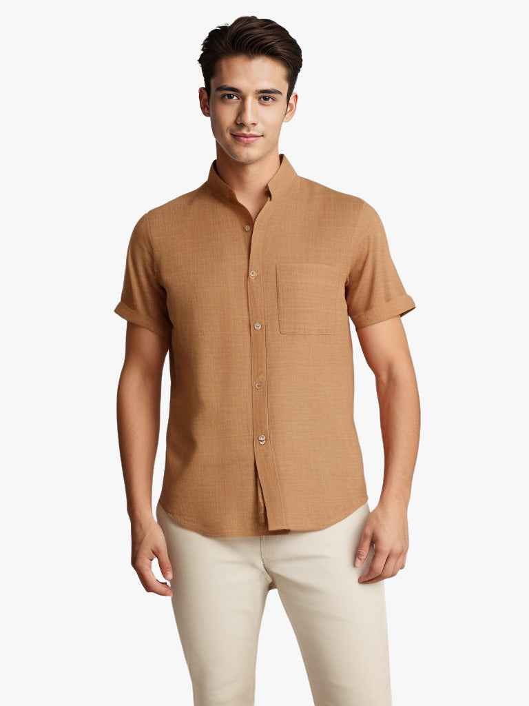 Solid-color Short-sleeved Lapel Shirt Summer Breathable Cotton And Linen Top Mens Clothing - Luxovo.cc