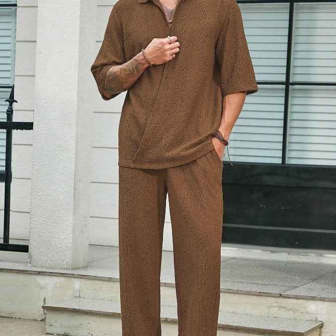 Commuter Suits Summer Short-sleeved Top And Loose Straight Trousers Casual Outfits Outdoor Mens Clothing - Luxovo.cc