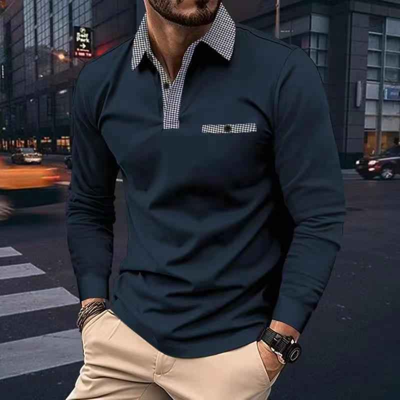 Leisure Plaid Lapel Polo Shirt Fashion Solid Color Long Sleeve Tops Men's Clothing - Luxovo.cc