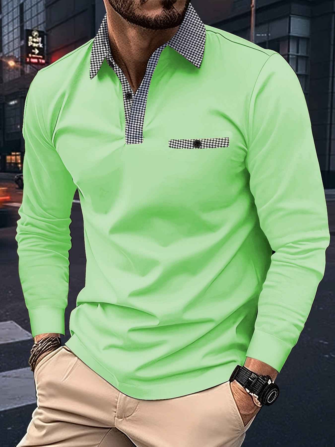 Leisure Plaid Lapel Polo Shirt Fashion Solid Color Long Sleeve Tops Men's Clothing - Luxovo.cc