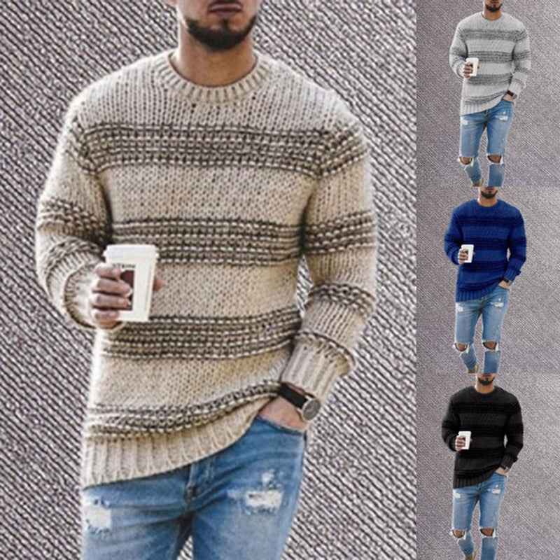 Casual Striped Knitted Sweater Men Round Neck Pullover Sweater - Luxovo.cc