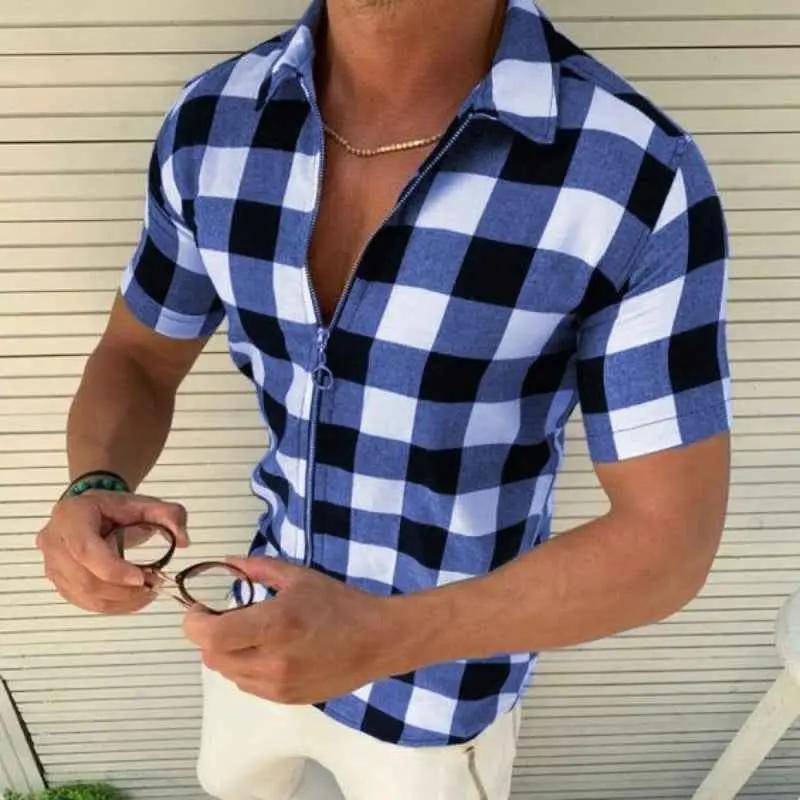 Plaid Zipper Short Sleeve T-Shirt for Men – Essential Summer Clothing - Luxovo.cc