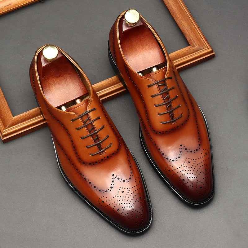 Leather Shoes Men's British Pointed Toe Business Formal Wear Lace-up Shoes Men - Luxovo.cc