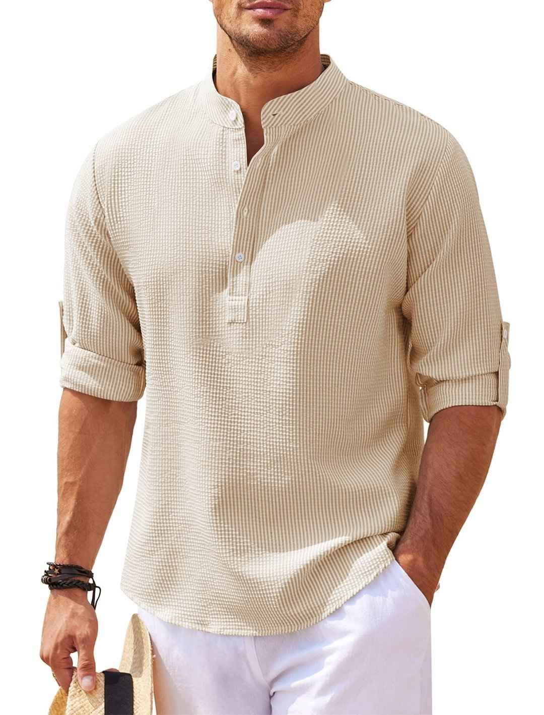 Men's Casual Shirt  Long Sleeve Stand Collar Solid Color Shirt Mens Clothing - Luxovo.cc