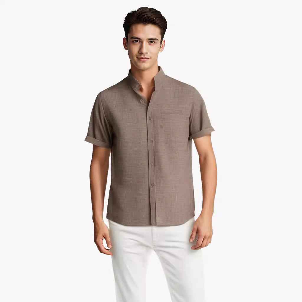 Solid-color Short-sleeved Lapel Shirt Summer Breathable Cotton And Linen Top Mens Clothing - Luxovo.cc