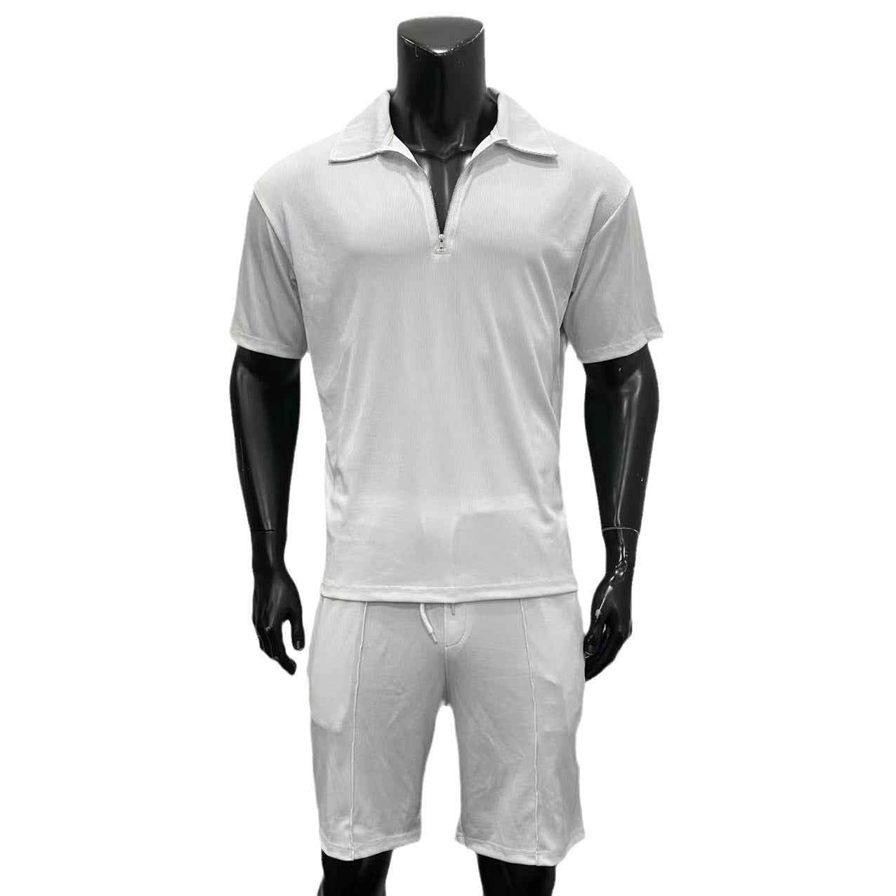 Summer Fashion Mens Clothing  Men's Suits New Zipper Polo Casual Short Sleeve Drawstring Shorts Men's Set - Luxovo.cc