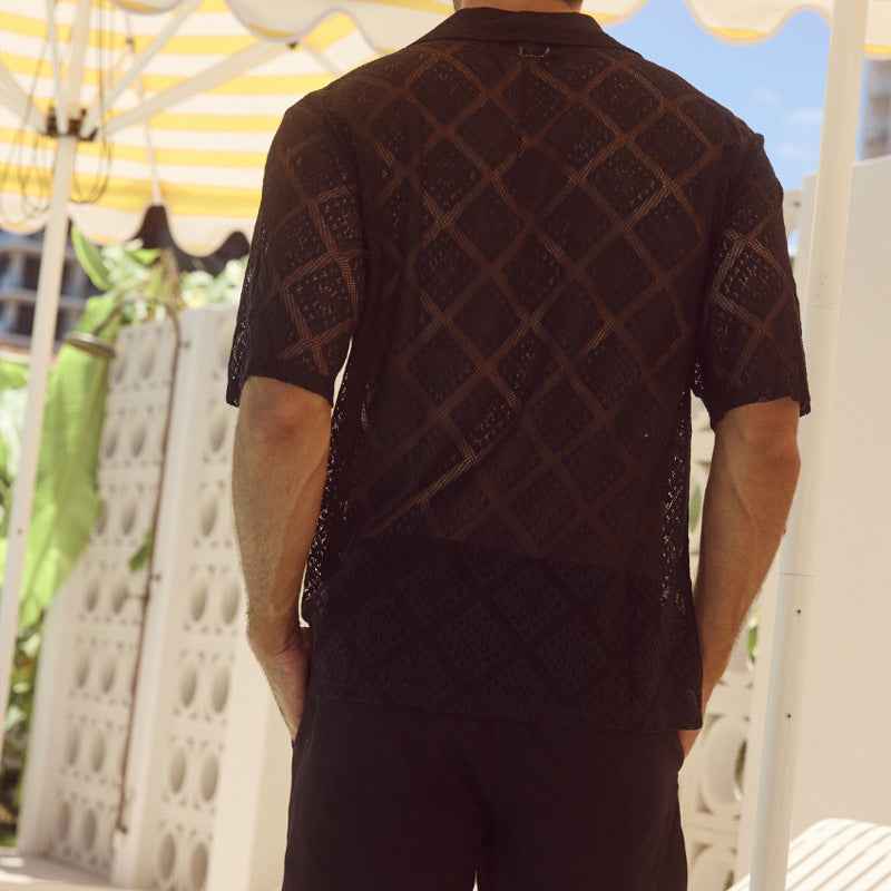 Fashion Mens Clothing Men's Hollow-out Breathable Short-sleeved Lapel Casual Shirt - Luxovo.cc