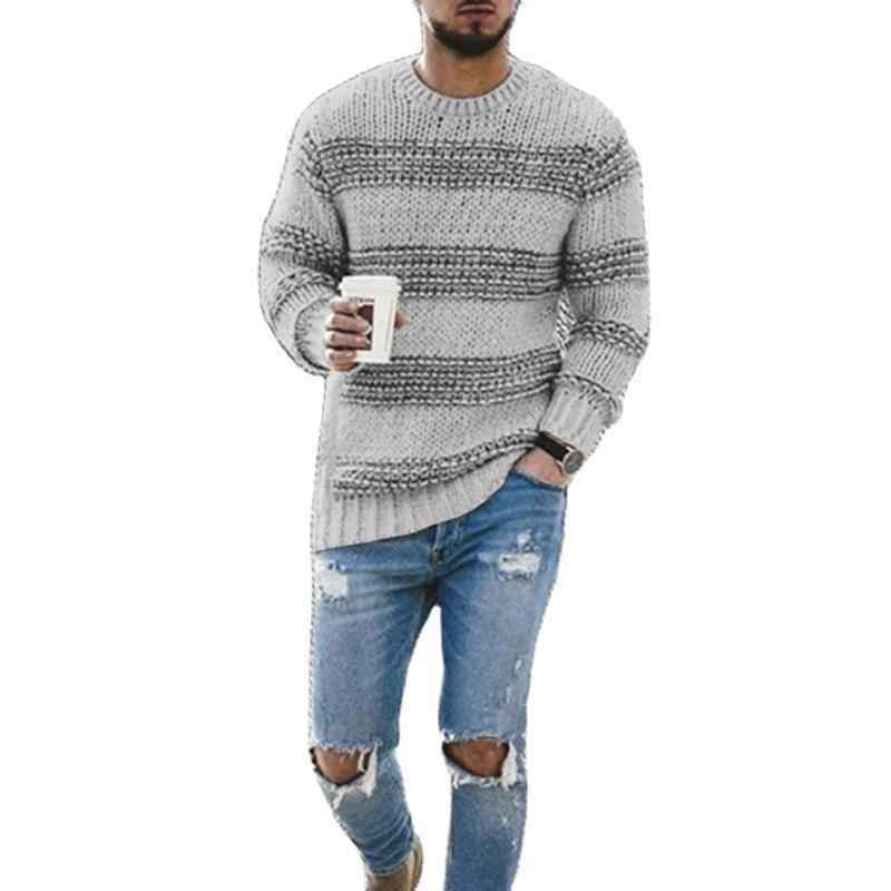 Casual Striped Knitted Sweater Men Round Neck Pullover Sweater - Luxovo.cc