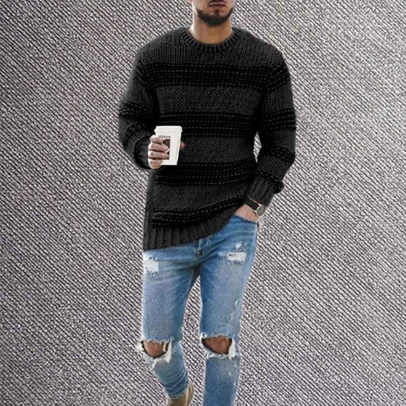 Casual Striped Knitted Sweater Men Round Neck Pullover Sweater - Luxovo.cc