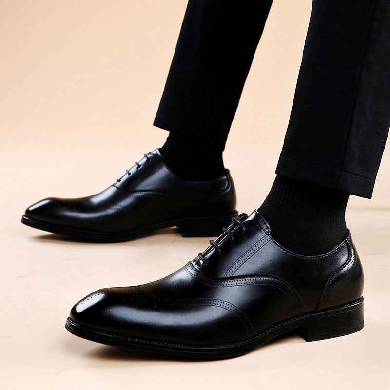 Formal Leather Shoes British Men Brogue Pointed-toe Lace - Luxovo.cc
