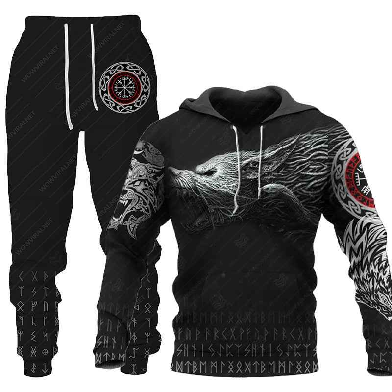 3D Wolf Print Tracksuit Men Sportswear Hooded Sweatsuit Two Piece Outdoors Running Fitness Mens Clothing Jogging Set - Luxovo.cc
