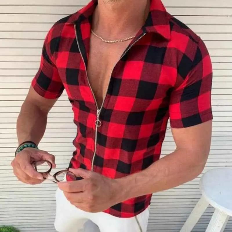 Plaid Zipper Short Sleeve T-Shirt for Men – Essential Summer Clothing - Luxovo.cc