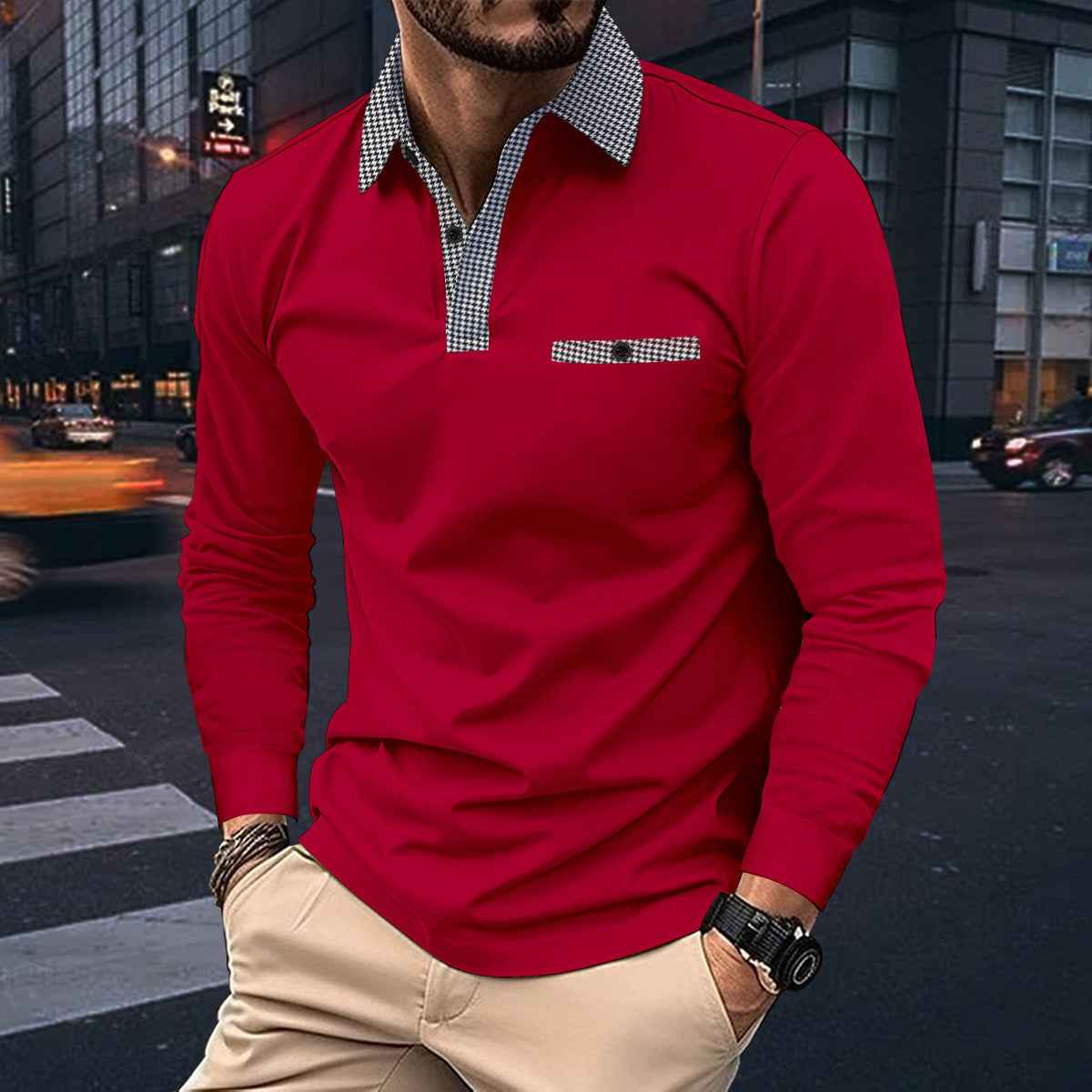 Leisure Plaid Lapel Polo Shirt Fashion Solid Color Long Sleeve Tops Men's Clothing - Luxovo.cc
