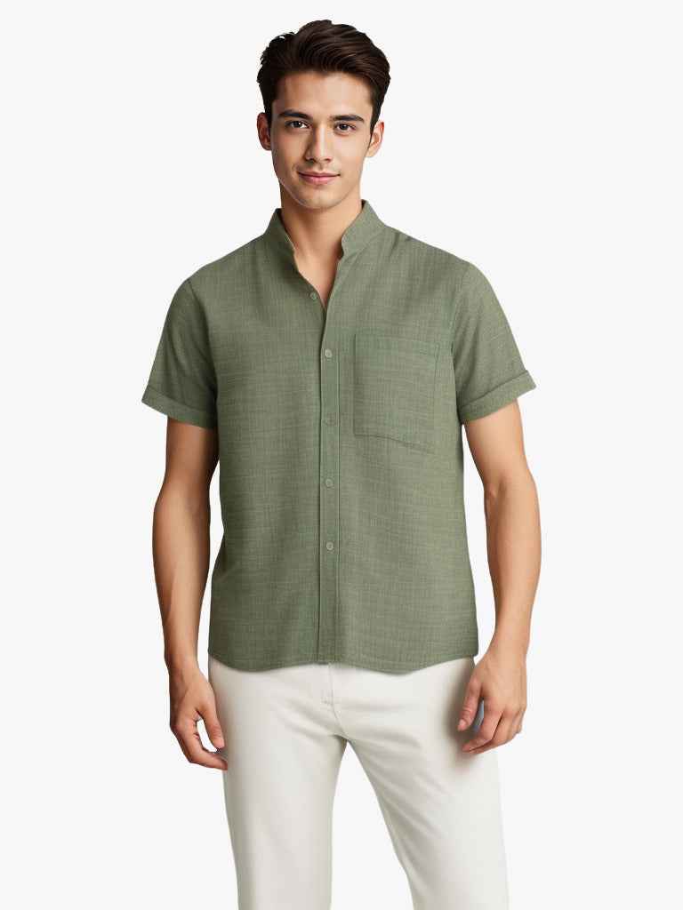 Solid-color Short-sleeved Lapel Shirt Summer Breathable Cotton And Linen Top Mens Clothing - Luxovo.cc