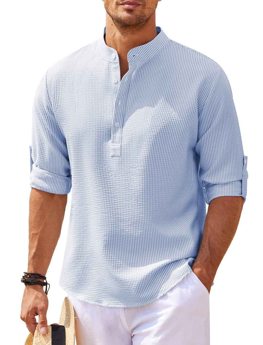 Men's Casual Shirt  Long Sleeve Stand Collar Solid Color Shirt Mens Clothing - Luxovo.cc