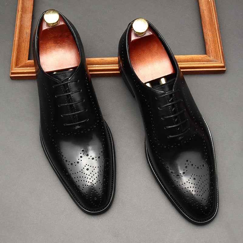 Leather Shoes Men's British Pointed Toe Business Formal Wear Lace-up Shoes Men - Luxovo.cc
