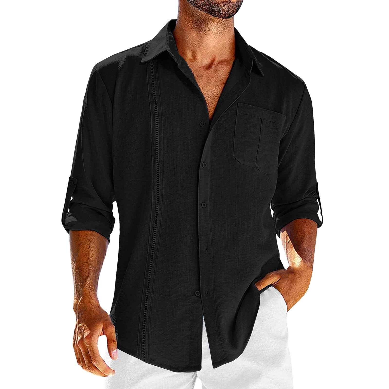 Casual  Long Sleeve Shirt With Pocket Lace Polo Collar Solid Color Button Mens Clothing - Luxovo.cc