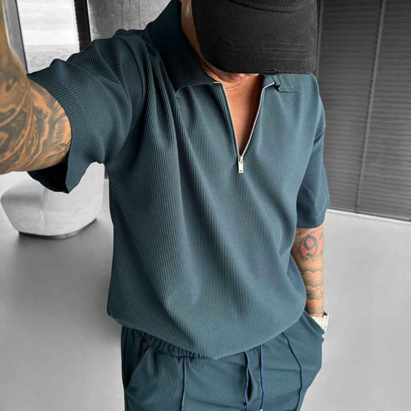 Summer Fashion Mens Clothing  Men's Suits New Zipper Polo Casual Short Sleeve Drawstring Shorts Men's Set - Luxovo.cc