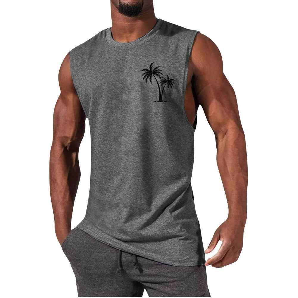 Coconut Tree Embroidery Vest Summer Beach Tank Tops Workout Muscle Men Sports Fitness T-shirt - Luxovo.cc