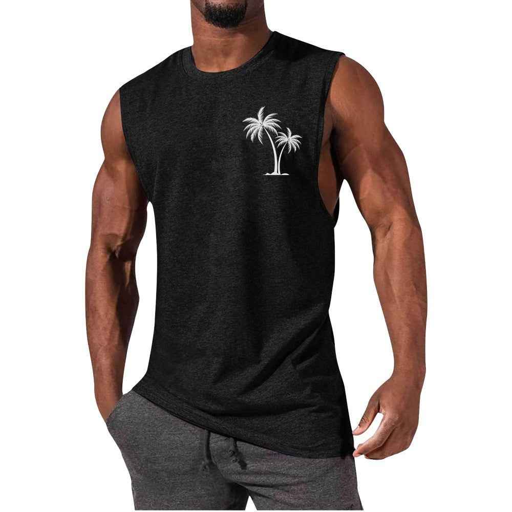 Coconut Tree Embroidery Vest Summer Beach Tank Tops Workout Muscle Men Sports Fitness T-shirt - Luxovo.cc