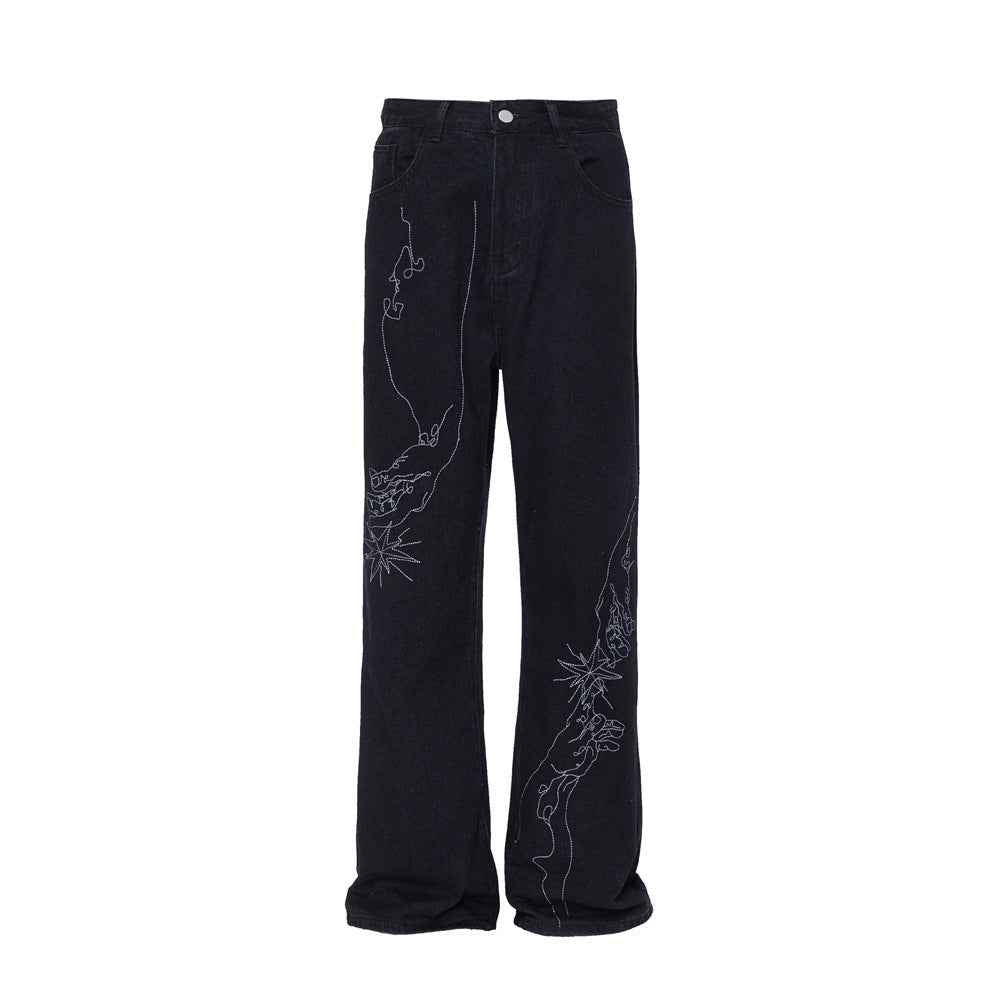Line Embroidery Straight Jeans Men