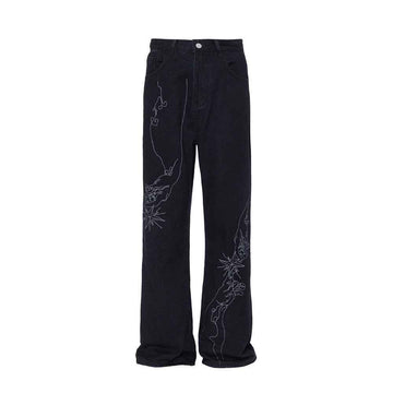 Line Embroidery Straight Jeans Men