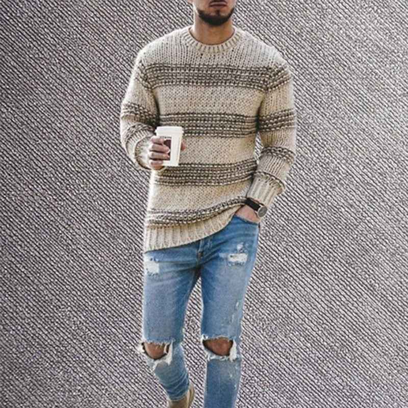 Casual Striped Knitted Sweater Men Round Neck Pullover Sweater - Luxovo.cc